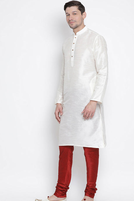 Men's Cotton Art Silk Kurta Set in White