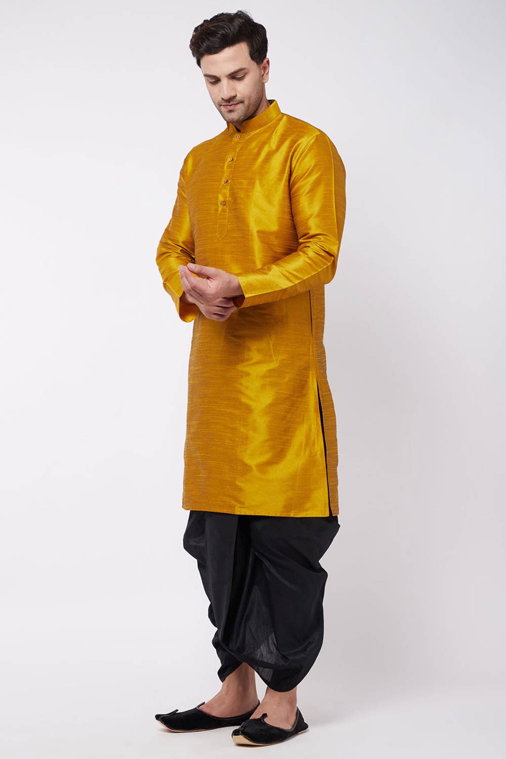 Buy Men's Blended Silk Solid Kurta Set in Mustard - Front