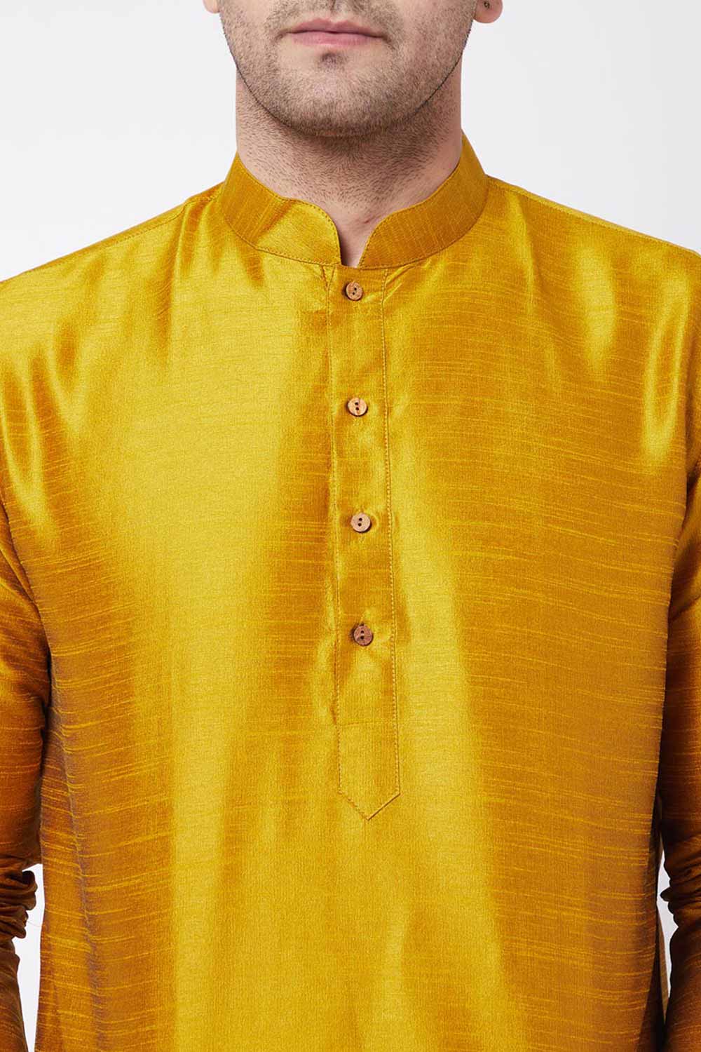 Buy Men's Blended Silk Solid Kurta Set in Mustard - Side