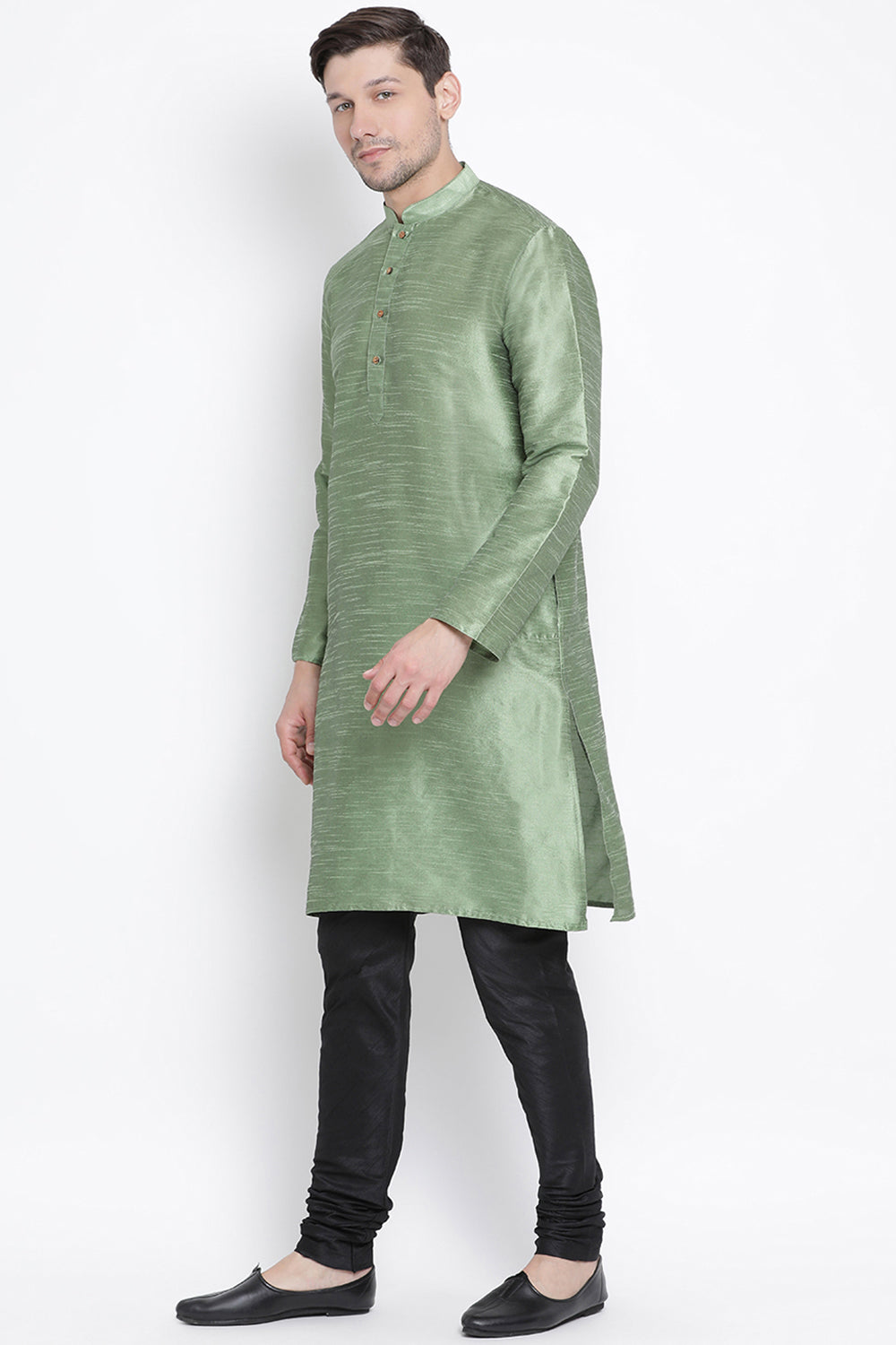 Men's Cotton Art Silk Kurta Set In Light Green