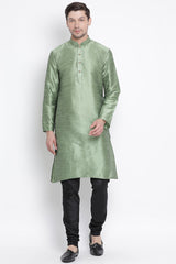 Men's Cotton Art Silk Kurta Set In Light Green