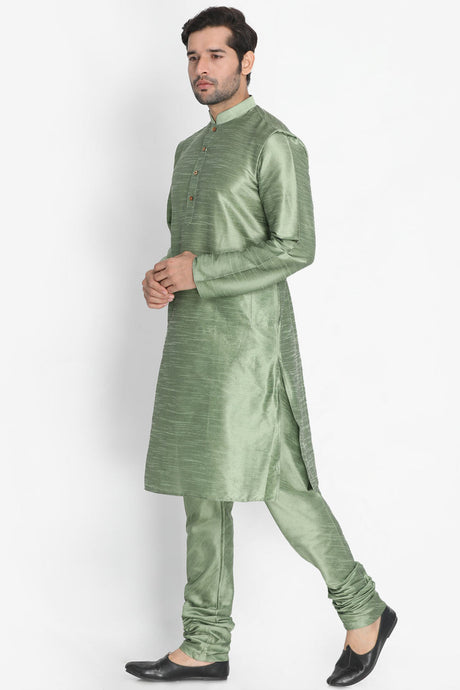 Men's Cotton Art Silk Kurta Set In Light Green