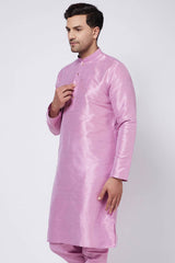 Buy Men's Blended Silk Solid Kurta in Pink - Front