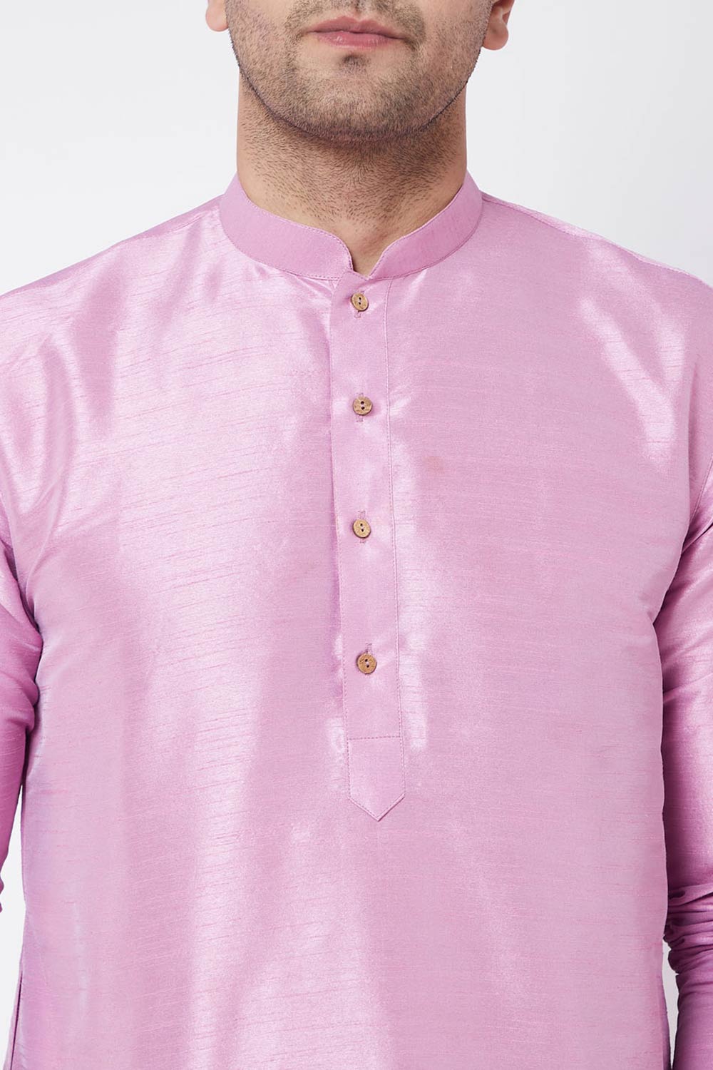 Buy Men's Blended Silk Solid Kurta in Pink - Side