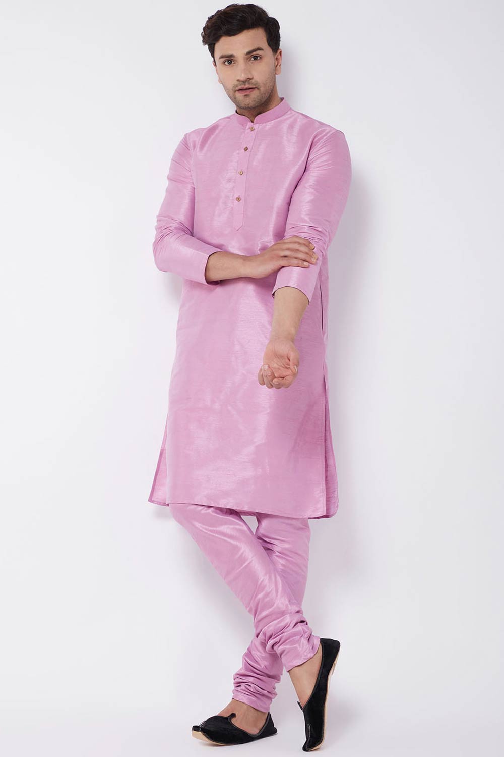 Buy Men's Blended Silk Solid Kurta in Pink - Online