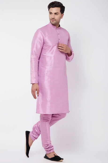 Buy Men's Blended Silk Solid Kurta Set in Onion Pink - Front