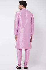 Buy Men's Blended Silk Solid Kurta Set in Onion Pink - Back