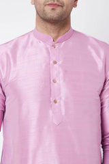 Buy Men's Blended Silk Solid Kurta Set in Onion Pink - Side