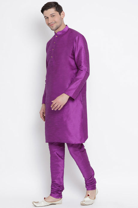 Men's Cotton Silk Kurta Pyjama Set in Purple