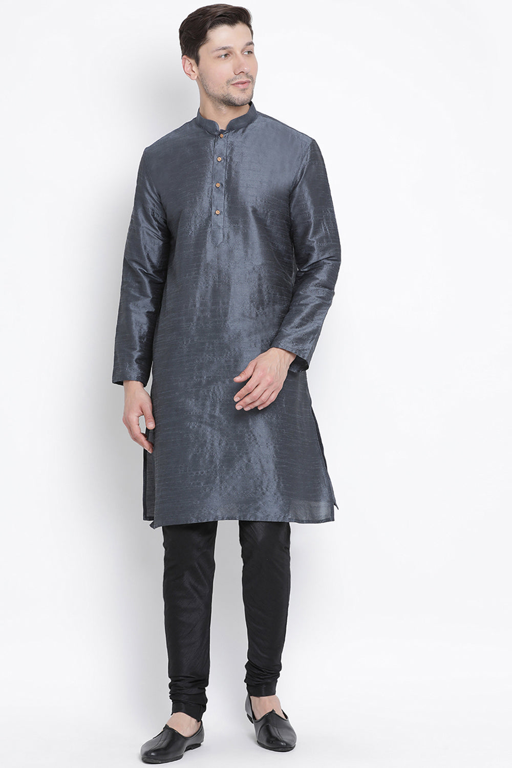 Men's Cotton Art Silk Kurta Set In Grey