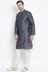 Men's Cotton Art Silk Kurta Set In Grey