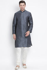 Men's Cotton Art Silk Kurta Set In Grey