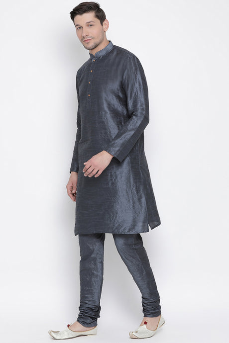 Men's Cotton Silk Kurta Pyjama Set in Slate