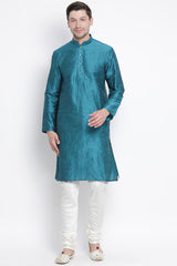 Men's Cotton Art Silk Kurta Set In Blue