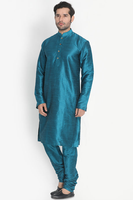 Men's Cotton Art Silk Kurta Set In Blue