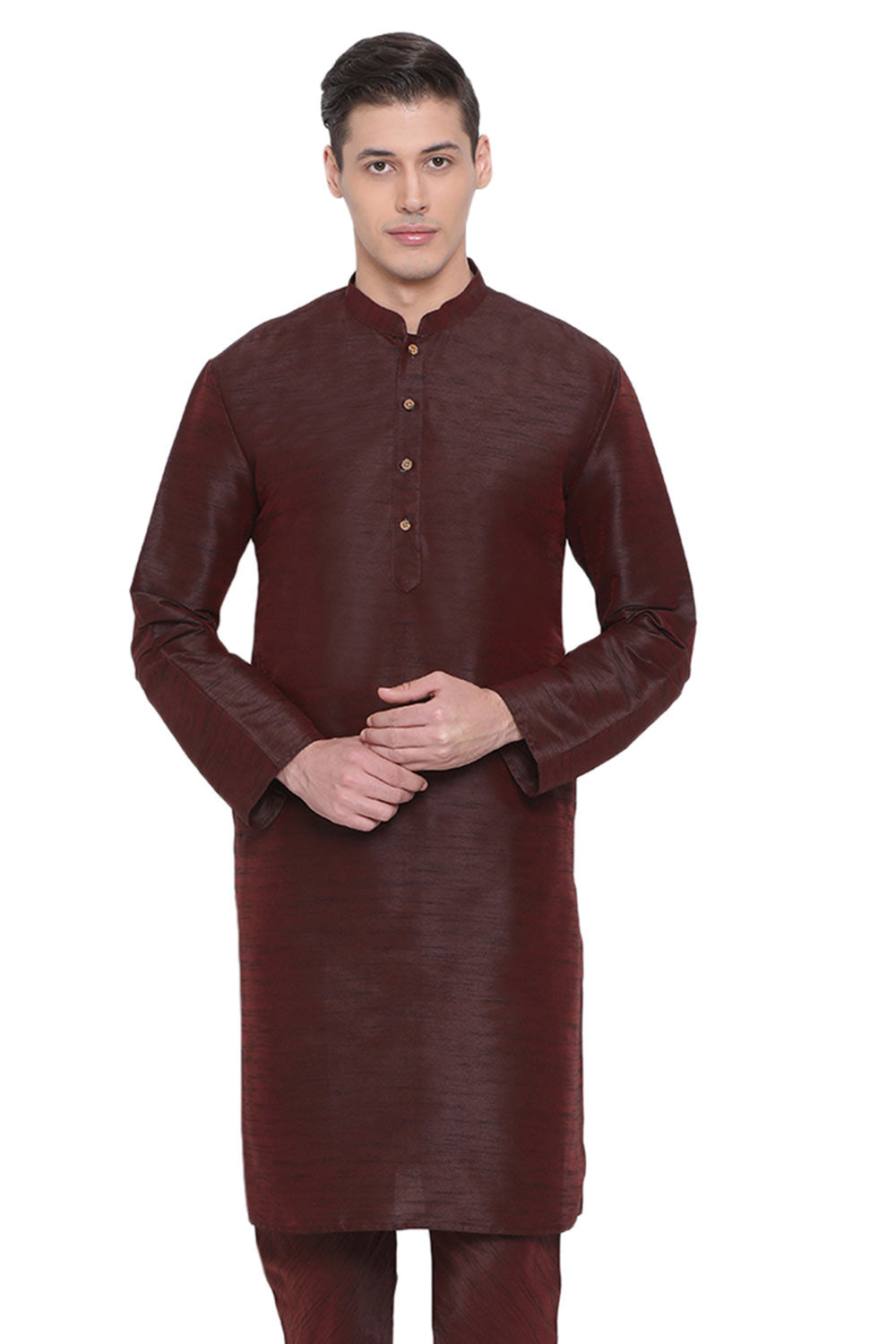 Buy Blended Silk Solid Kurta in Burgandy