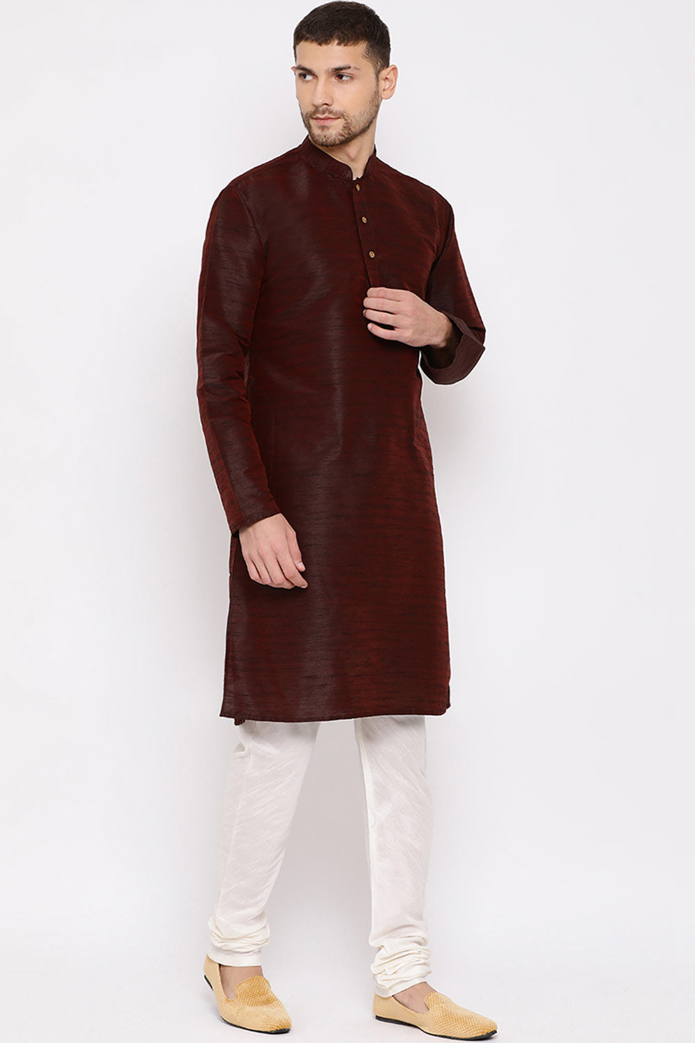 Long Blended Cotton Wine Kurta Pyjama Set