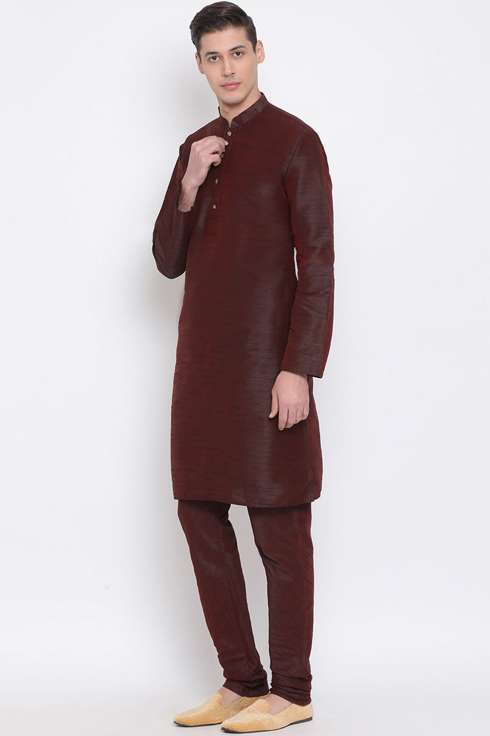 Long Blended Cotton Wine Kurta Pyjama Set