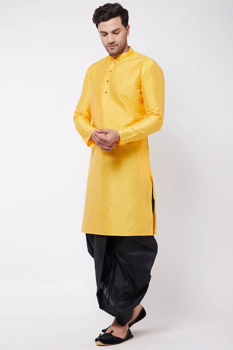 Buy Men's Blended Silk Solid Kurta Set in Yellow - Front
