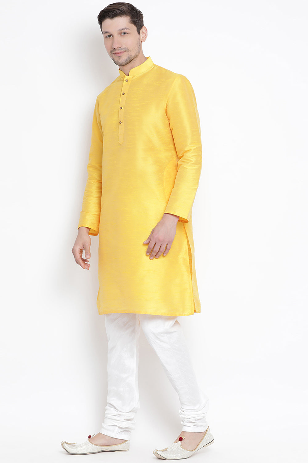 Men's Cotton Art Silk Kurta Set in Yellow