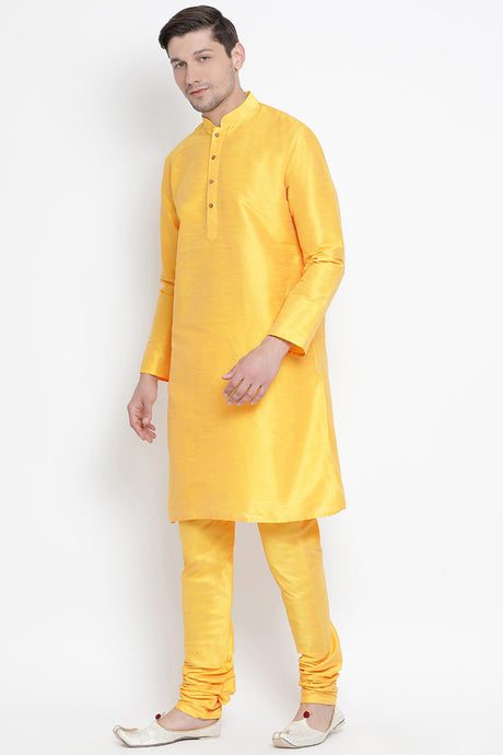 Men's Cotton Silk Kurta Pyjama Set in Yellow