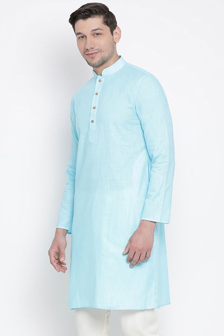 Men's Blended Cotton Kurta In Light Blue