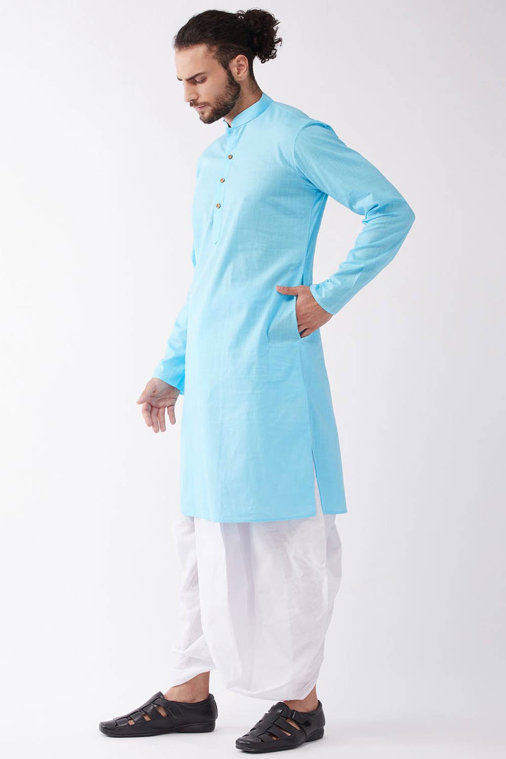 Buy Men's blended Cotton Solid Kurta Set in Aqua Blue - Front