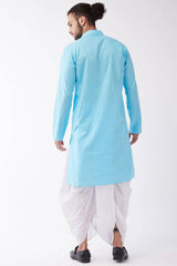 Buy Men's blended Cotton Solid Kurta Set in Aqua Blue - Back