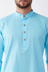 Buy Men's blended Cotton Solid Kurta Set in Aqua Blue - Side