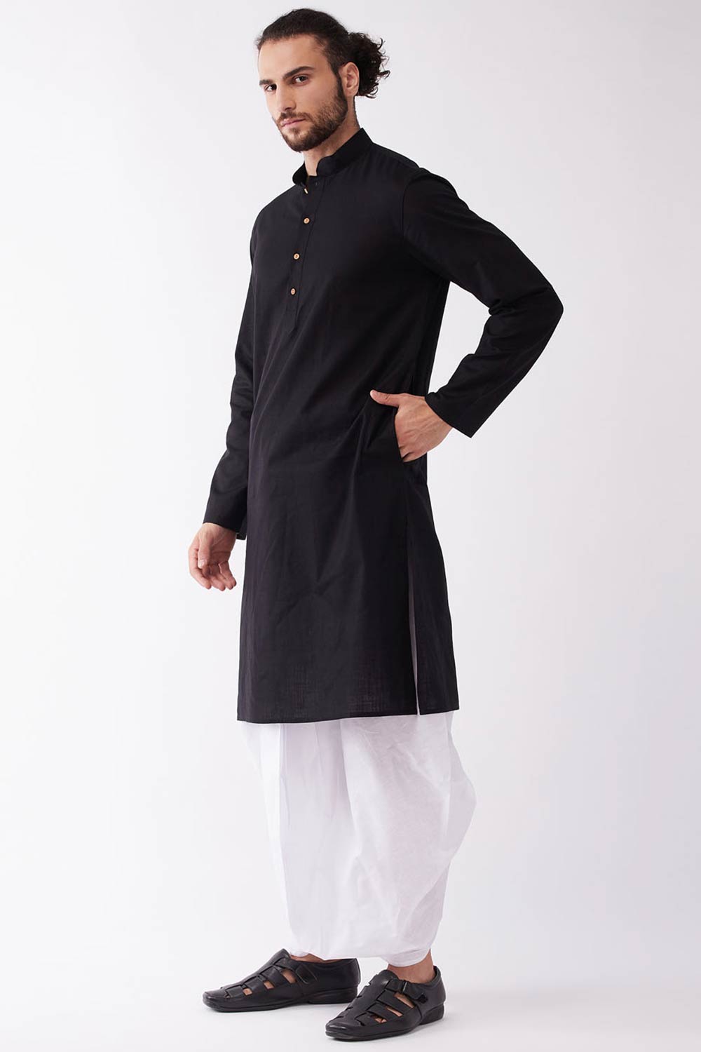 Buy Men's blended Cotton Solid Kurta Set in Black - Front