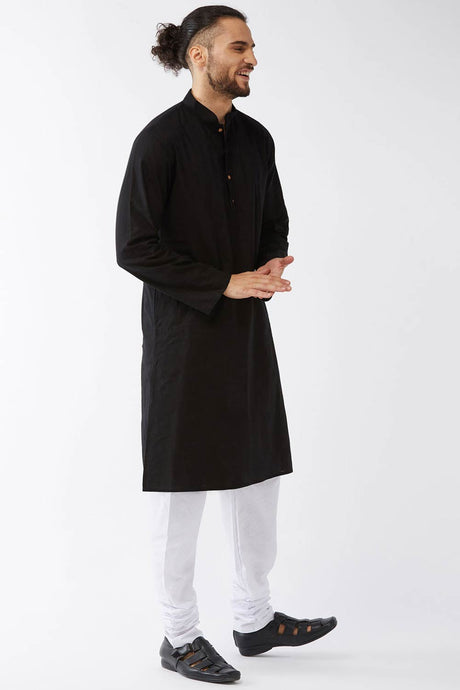 Buy Men's Cotton Solid Kurta Set in Black - Front