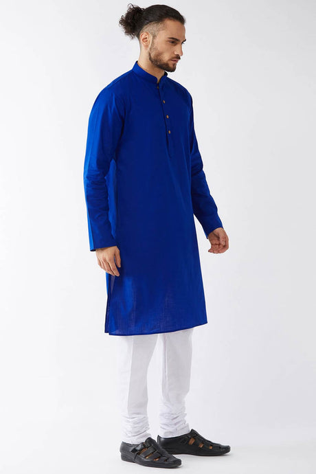 Buy Men's Cotton Solid Kurta Set in Royal Blue - Front