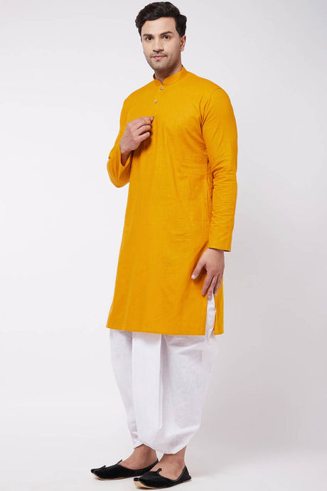 Buy Men's blended Cotton Solid Kurta Set in Mustard - Front