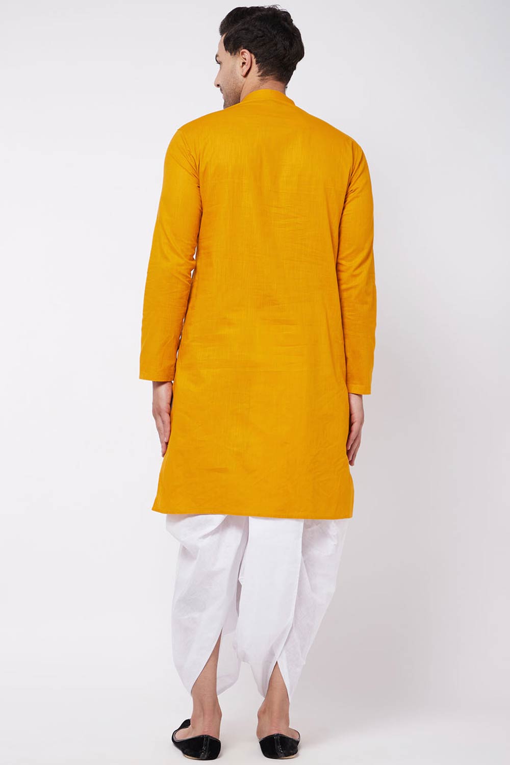 Buy Men's blended Cotton Solid Kurta Set in Mustard - Back