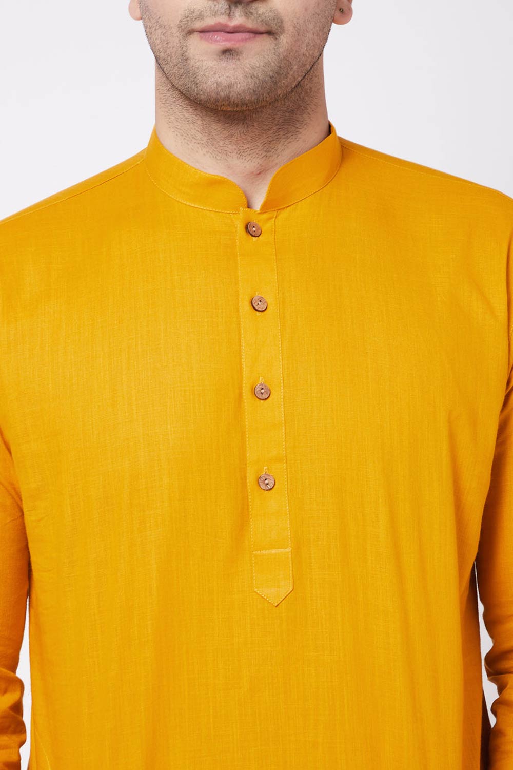 Buy Men's blended Cotton Solid Kurta Set in Mustard - Side