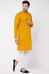 Buy Men's Cotton Solid Kurta Set in Mustard - Front