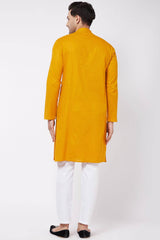 Buy Men's Cotton Solid Kurta Set in Mustard - Back