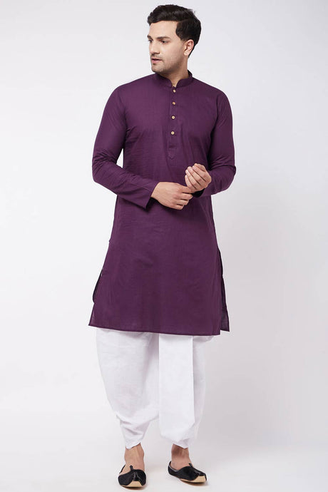 Buy Men's blended Cotton Solid Kurta Set in Purple