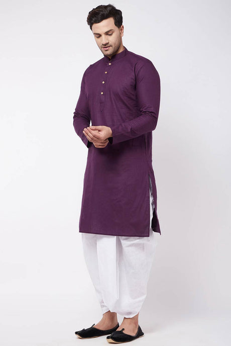 Buy Men's blended Cotton Solid Kurta Set in Purple - Front