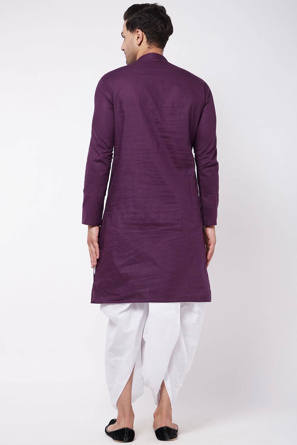 Buy Men's blended Cotton Solid Kurta Set in Purple - Back