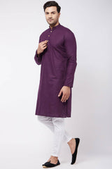 Buy Men's Cotton Solid Kurta Set in Dark Purple - Front