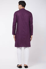 Buy Men's Cotton Solid Kurta Set in Dark Purple - Back