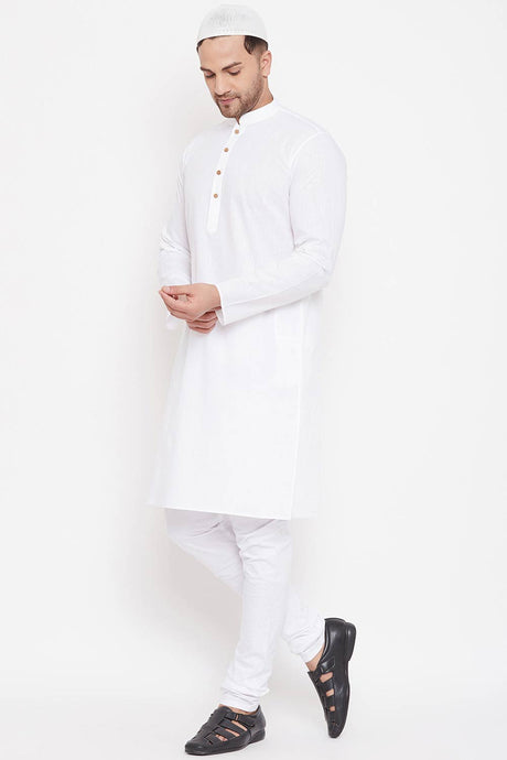 Buy Men's Cotton Solid Kurta Set in White - Front