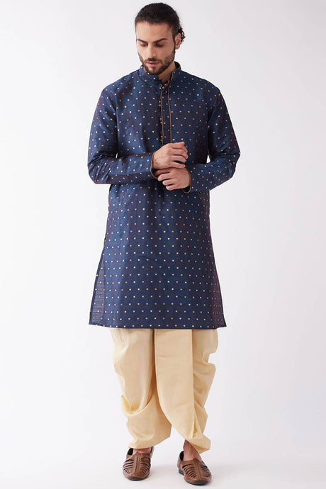 Buy Men's Blended Silk Woven Kurta Set in Navy Blue