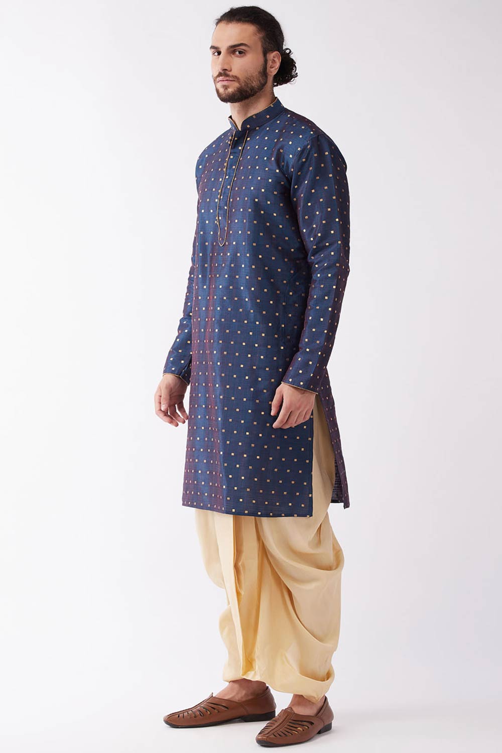 Buy Men's Blended Silk Woven Kurta Set in Navy Blue - Front