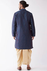 Buy Men's Blended Silk Woven Kurta Set in Navy Blue - Back