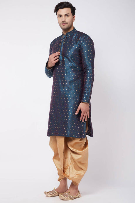 Buy Men's Blended Silk Woven Kurta Set in Navy Blue - Front