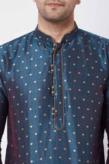 Buy Men's Blended Silk Woven Kurta Set in Navy Blue - Side
