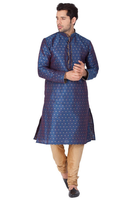 Men's Cotton Art Silk Woven Kurta And Pajama Set In Blue