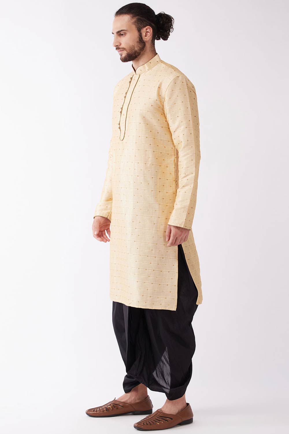 Buy Men's Blended Silk Woven Kurta Set in Beige - Front